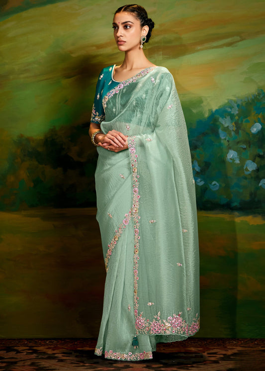 Crushed Satin Tissue Mint Green Embroidered Saree & Contrast Blouse