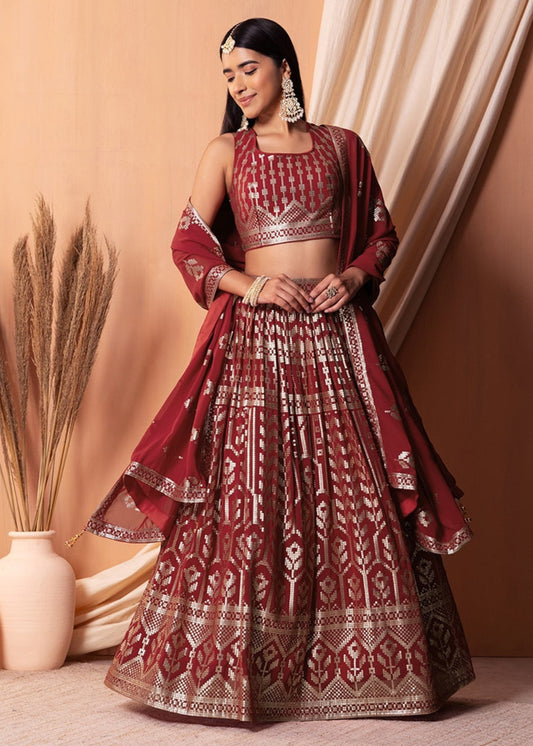 Maroon Red Sequins Work Georgette Bridesmaids Lehenga Choli