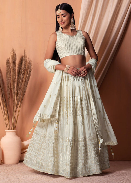 Off White Sequins Work Georgette Bridesmaids Lehenga Choli