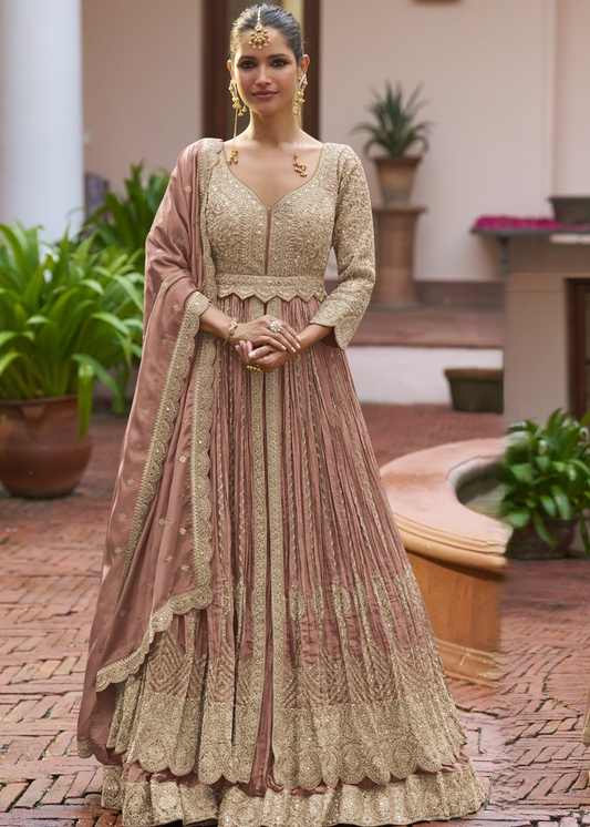 Pastel Brown Chinon Silk Anarkali Suit With Ghagra Skirt