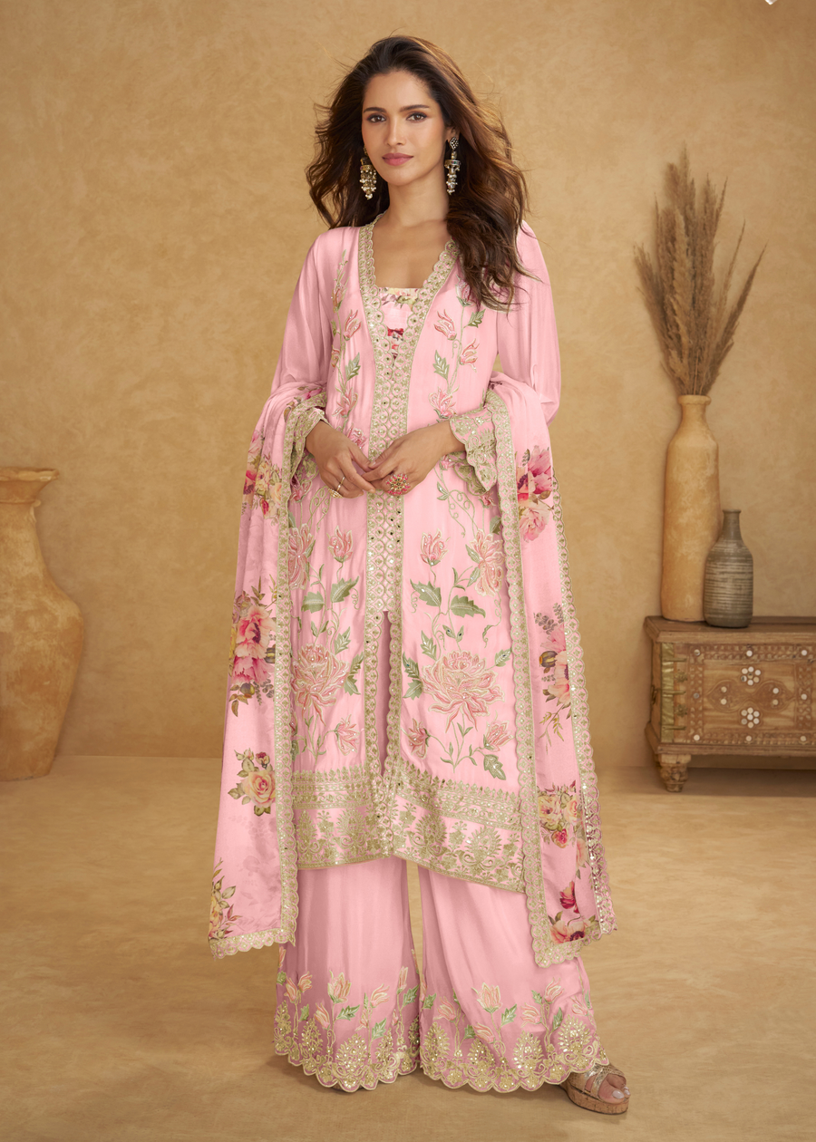 Designer Pastel Pink Chinon Silk Suit Set With Palazzo & Dupatta