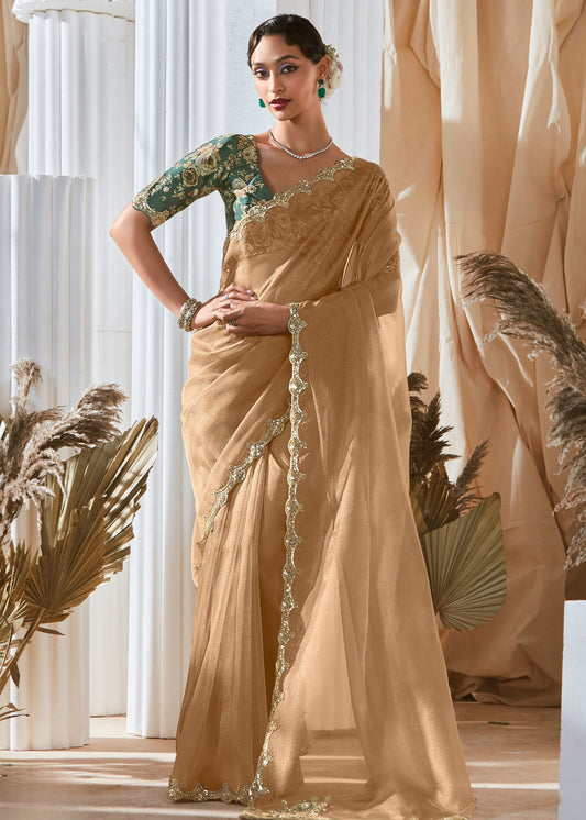 Beige Organza Tissue Silk Embroidered Saree & Green Printed Blouse