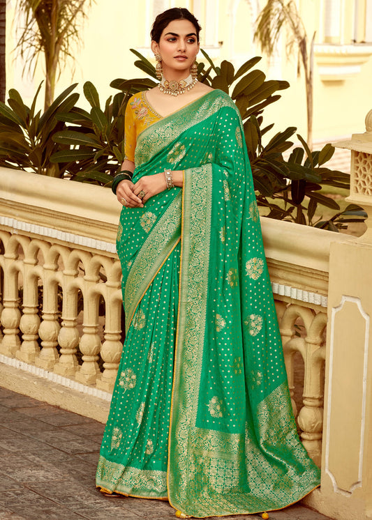 Dola Banarasi Silk Emerald Green Saree With Contrast Yellow Embroidered Blouse