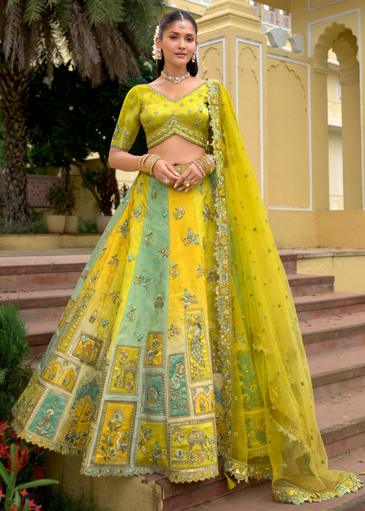 Lime Yellow and Aqua Blue Silk Bridal Lehenga Choli