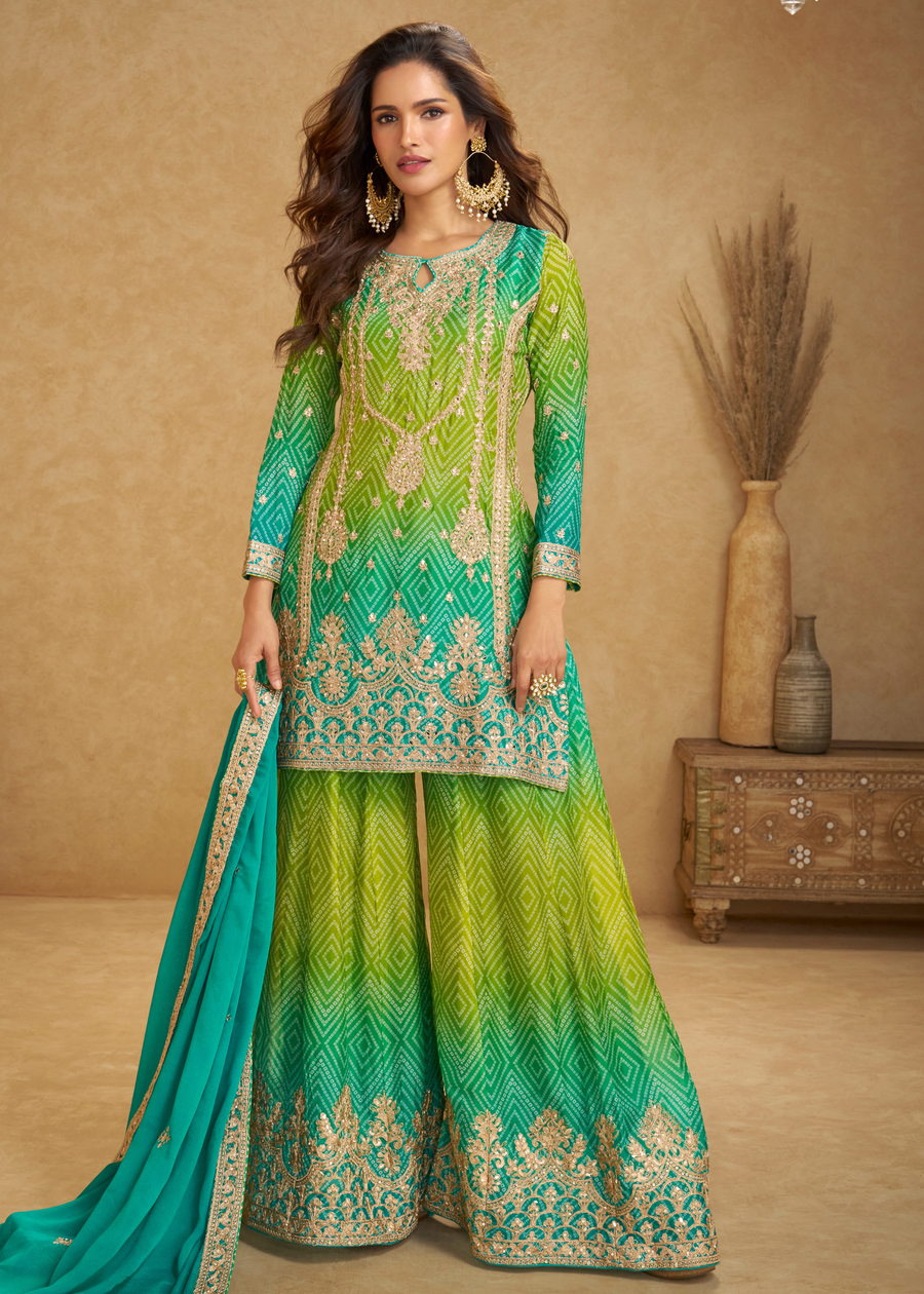 Designer Jade Green & Lime Green Ombre Chinon Silk Bandhani Suit Set