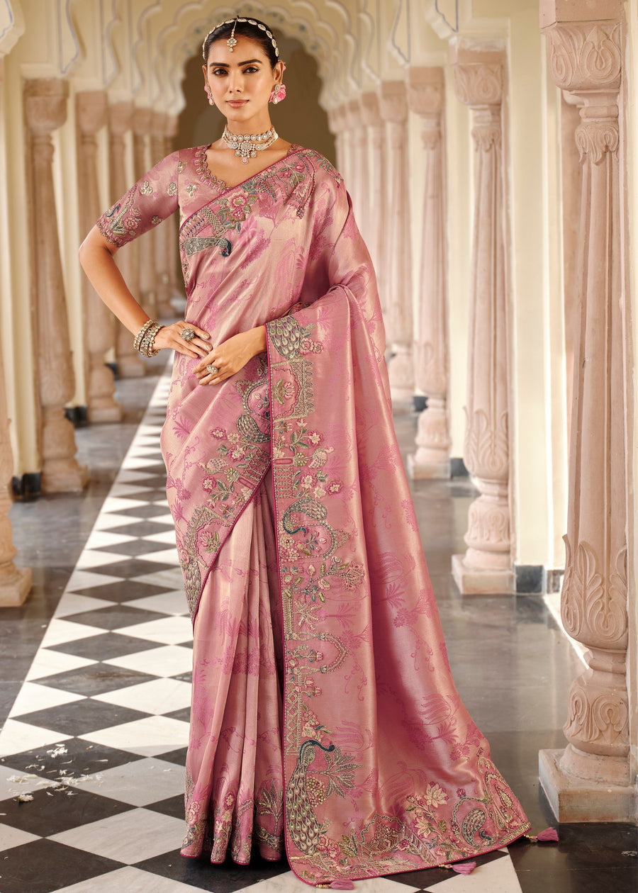 Rose Pink Soft Banarasi Silk Embroidered Saree