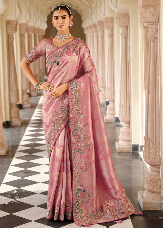 Rose Pink Soft Banarasi Silk Embroidered Saree