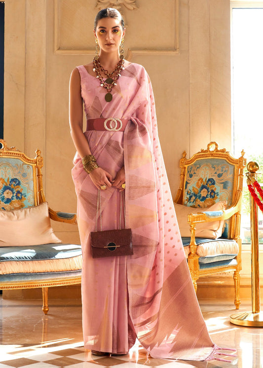Kanjivaram Tissue Silk Pastel Pink Handloom Weaving Saree