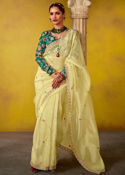 Butter Yellow Glass Tissue Silk Embroidered Saree & Green Printed Blouse