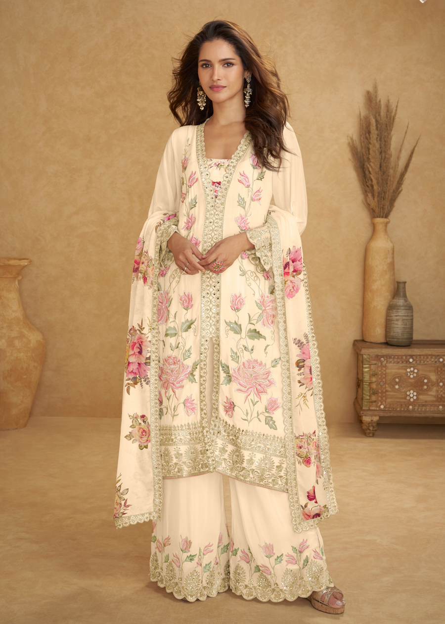 Designer Off White Chinon Silk Floral Suit Set With Palazzo & Dupatta