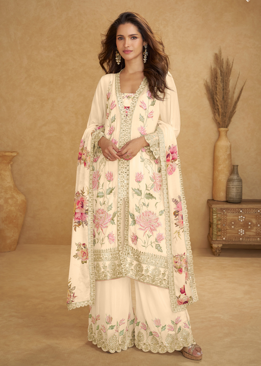 Designer Off White Chinon Silk Floral Suit Set With Palazzo & Dupatta