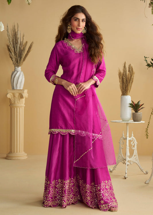 Fuchsia Pink Mirror Work Silk Ethnic Suit With Dupatta