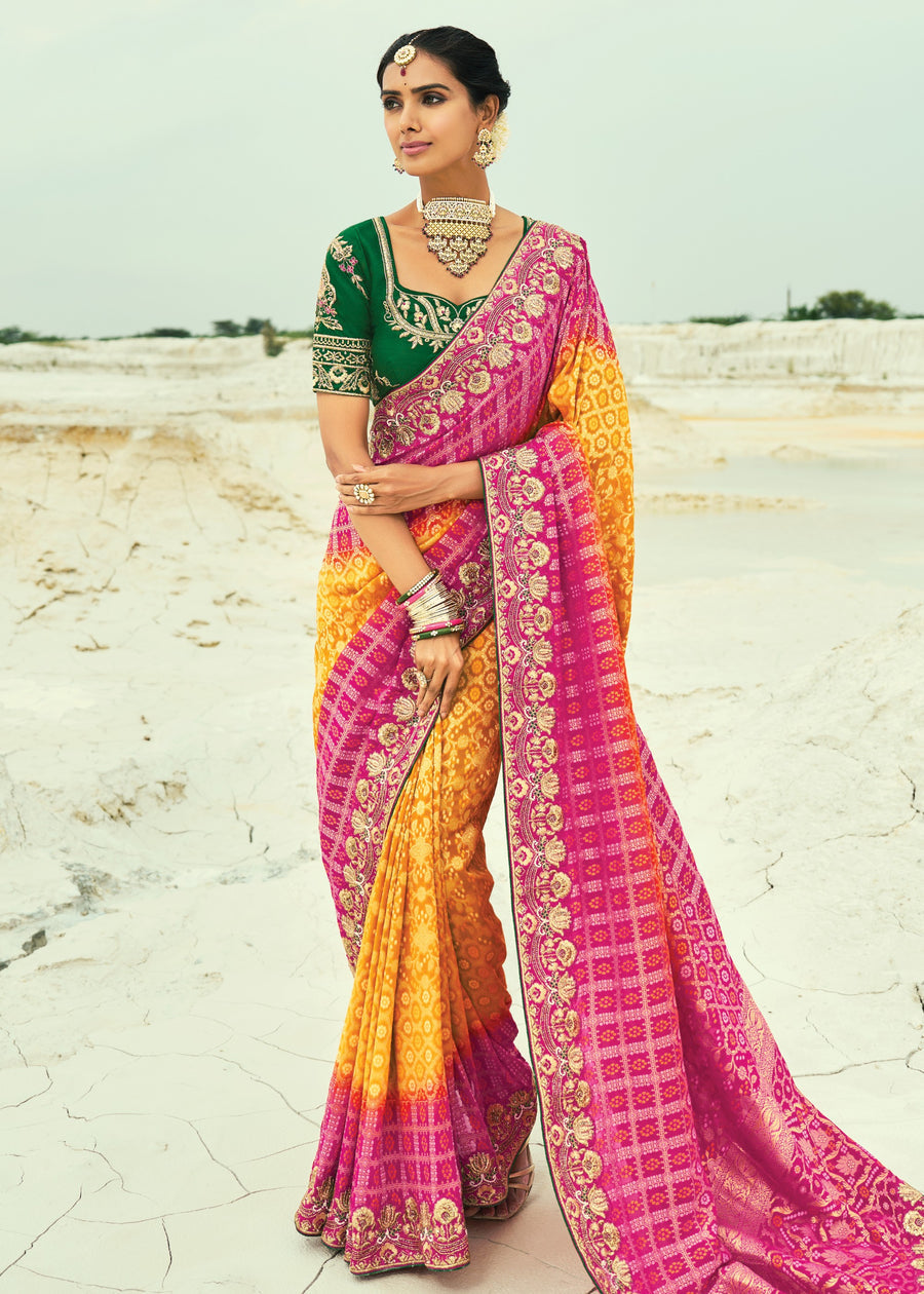 Yellow & Pink Khaddi Georgette Embroidered Bandhani Saree with Green Blouse