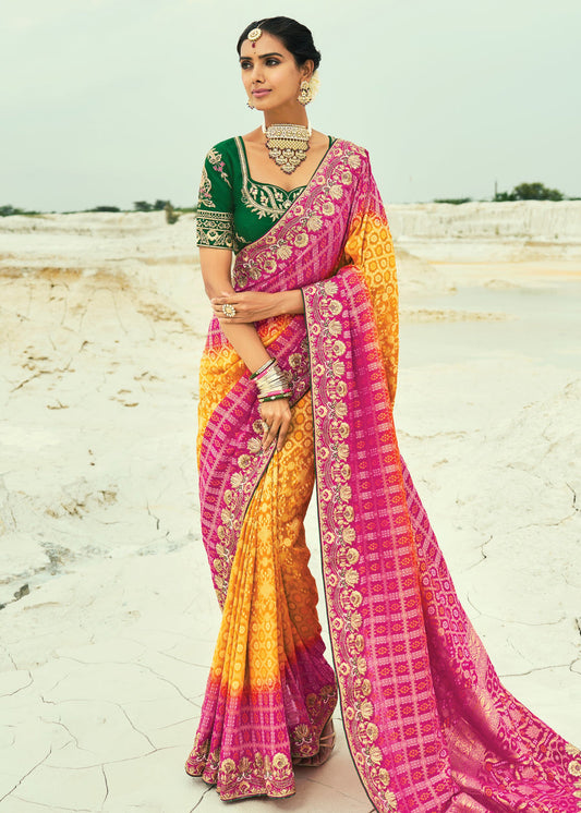 Yellow & Pink Khaddi Georgette Embroidered Bandhani Saree with Green Blouse