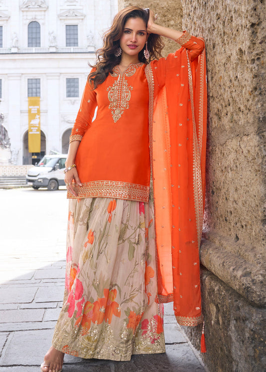 Designer Readymade Orange Chinon Silk Palazzo Suit Set
