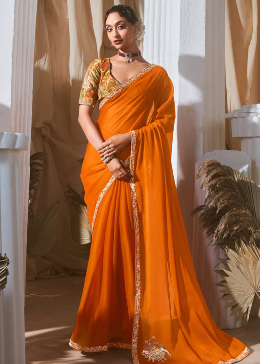 Orange Organza Tissue Silk Embroidered Saree & Printed Blouse