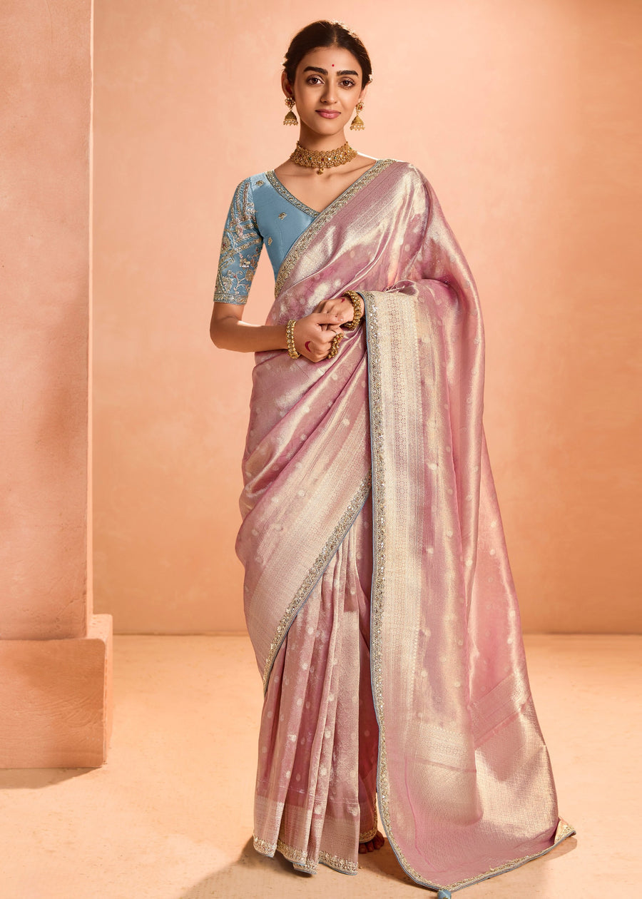 Pure Banarasi Tissue Silk Embroidered Pastel Pink Handloom Saree & Contrast Blue Blouse