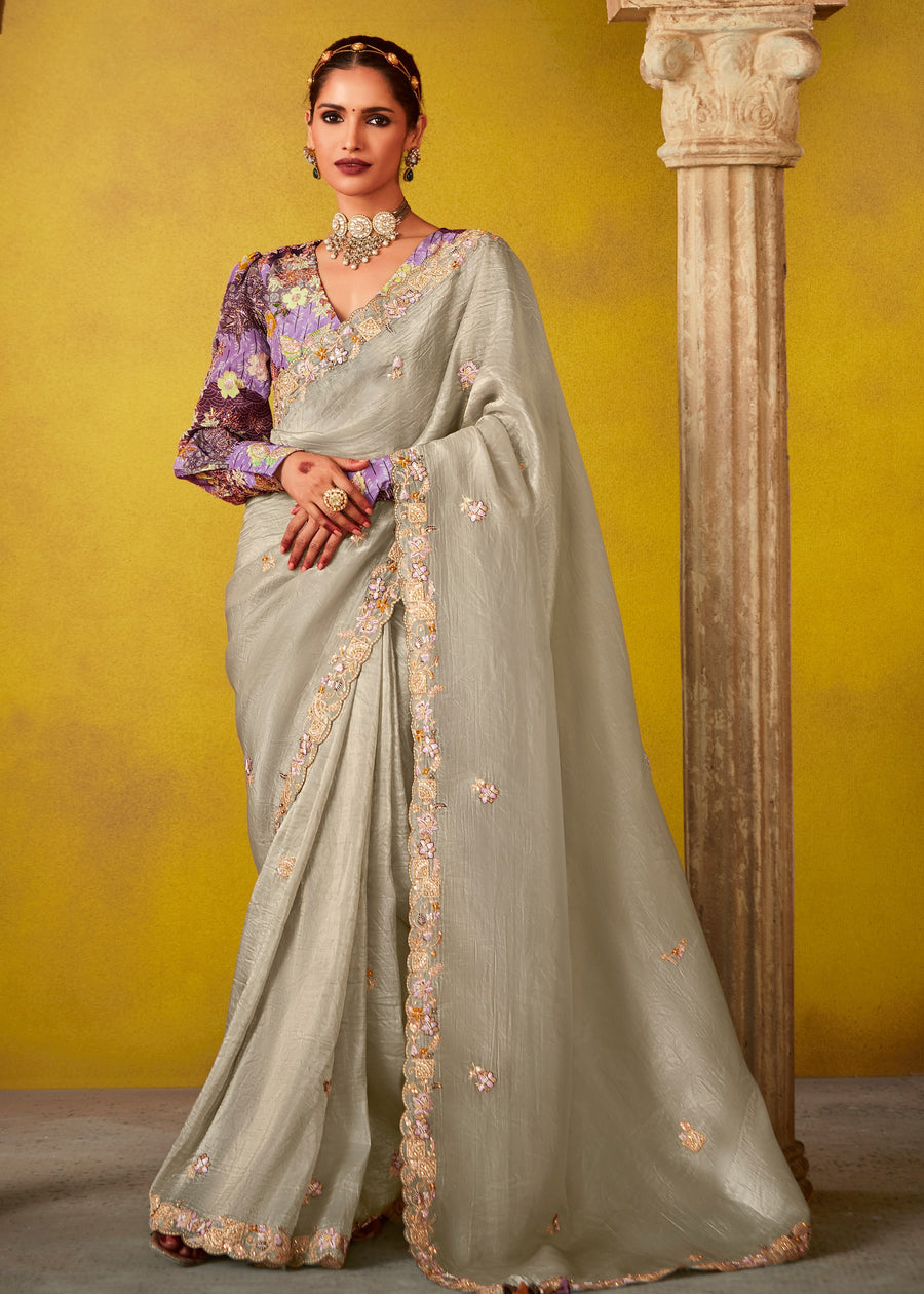 Grey Glass Tissue Silk Embroidered Saree & Purple Printed Blouse