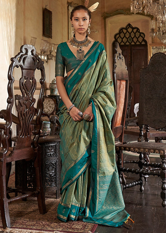 Pure Banarasi Tussar Silk LIght & Dark Green Handloom Saree