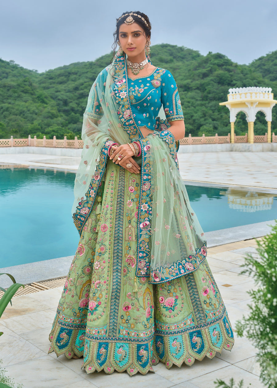 Designer Pista Green and Blue Banarasi Silk Bridal Lehenga Choli