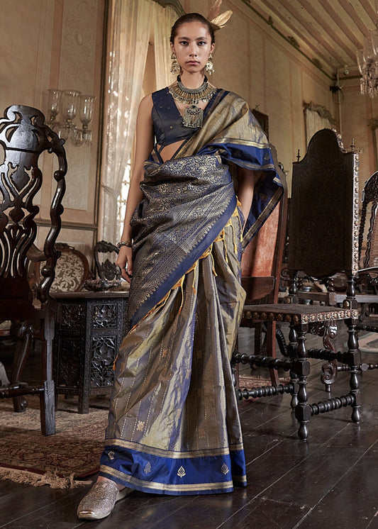 Pure Banarasi Tussar Silk Copper Grey & Royal Blue Handloom Saree