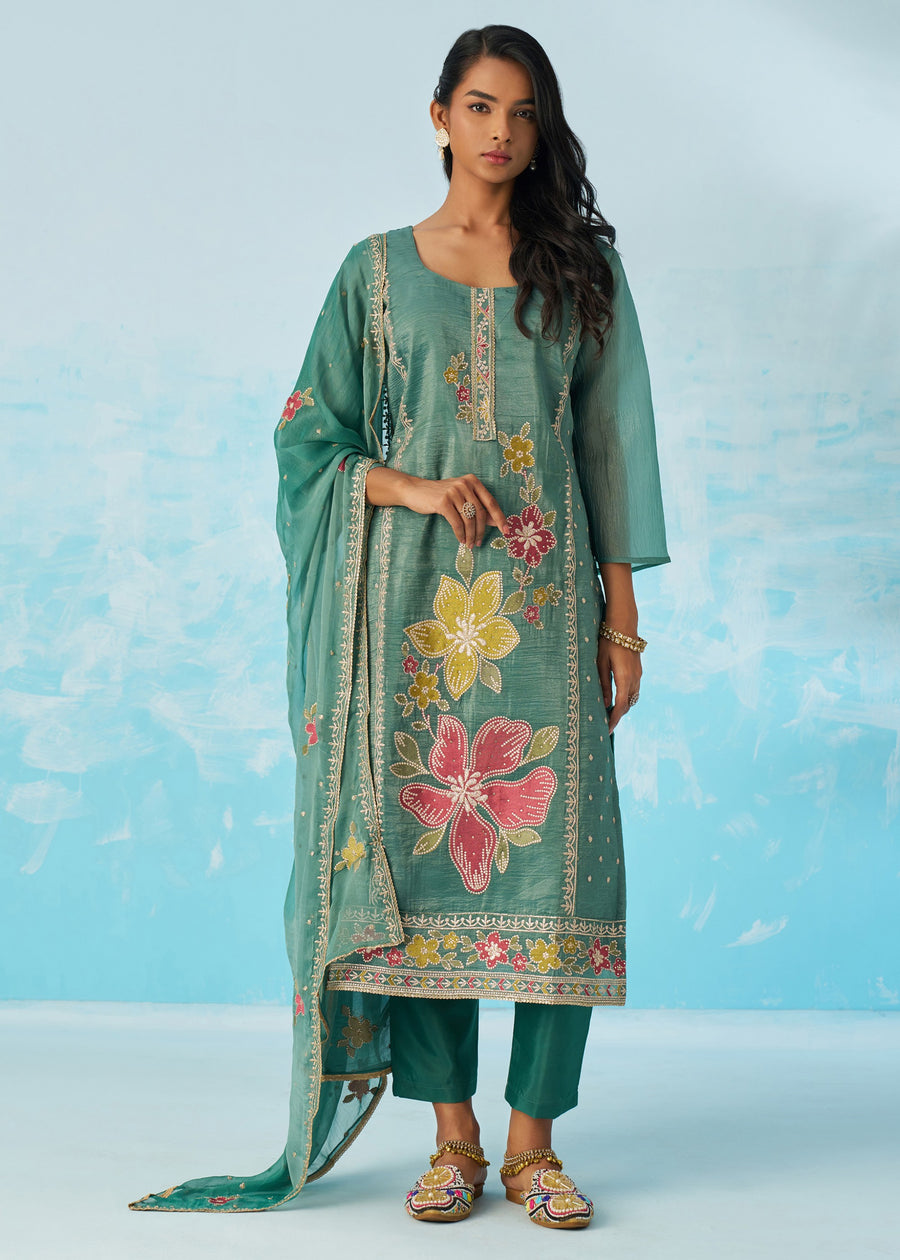 Sage Green Crushed Tissue Silk Ethnic Pant Style Suit With Dupatta