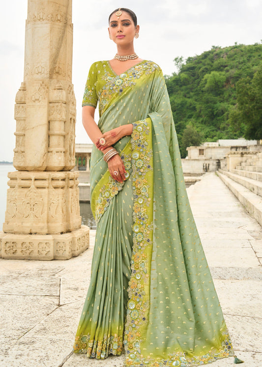 Banarasi Viscose Tissue Silk Pista Green Ombre Handloom Embroidered Saree With Cut Work Border