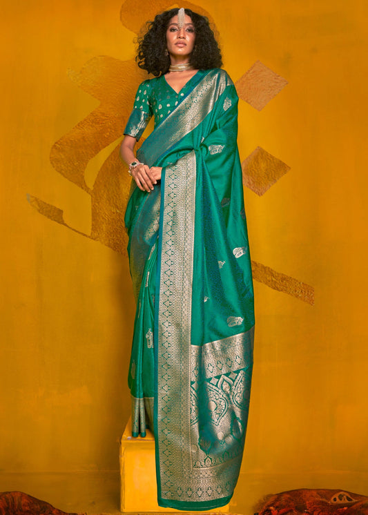 Dark Green Banarasi Silk Handloom Weaving Zari Saree