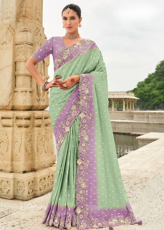 Mint Green and Purple Soft Silk Fancy Saree with Embroidery Work