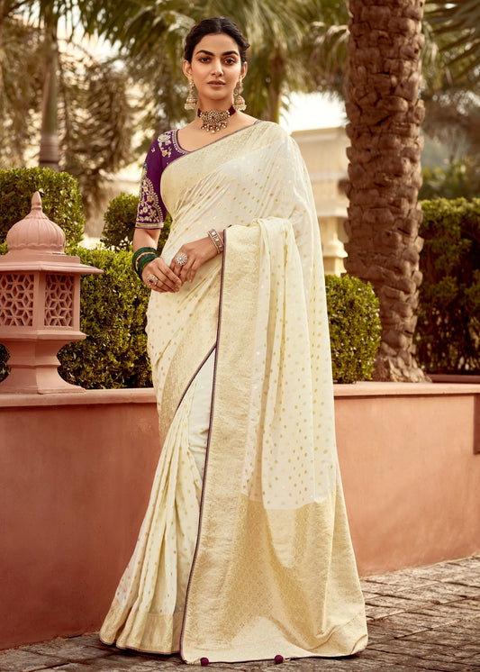 Dola Banarasi Silk Pearl White Saree With Contrast Wine Embroidered Blouse