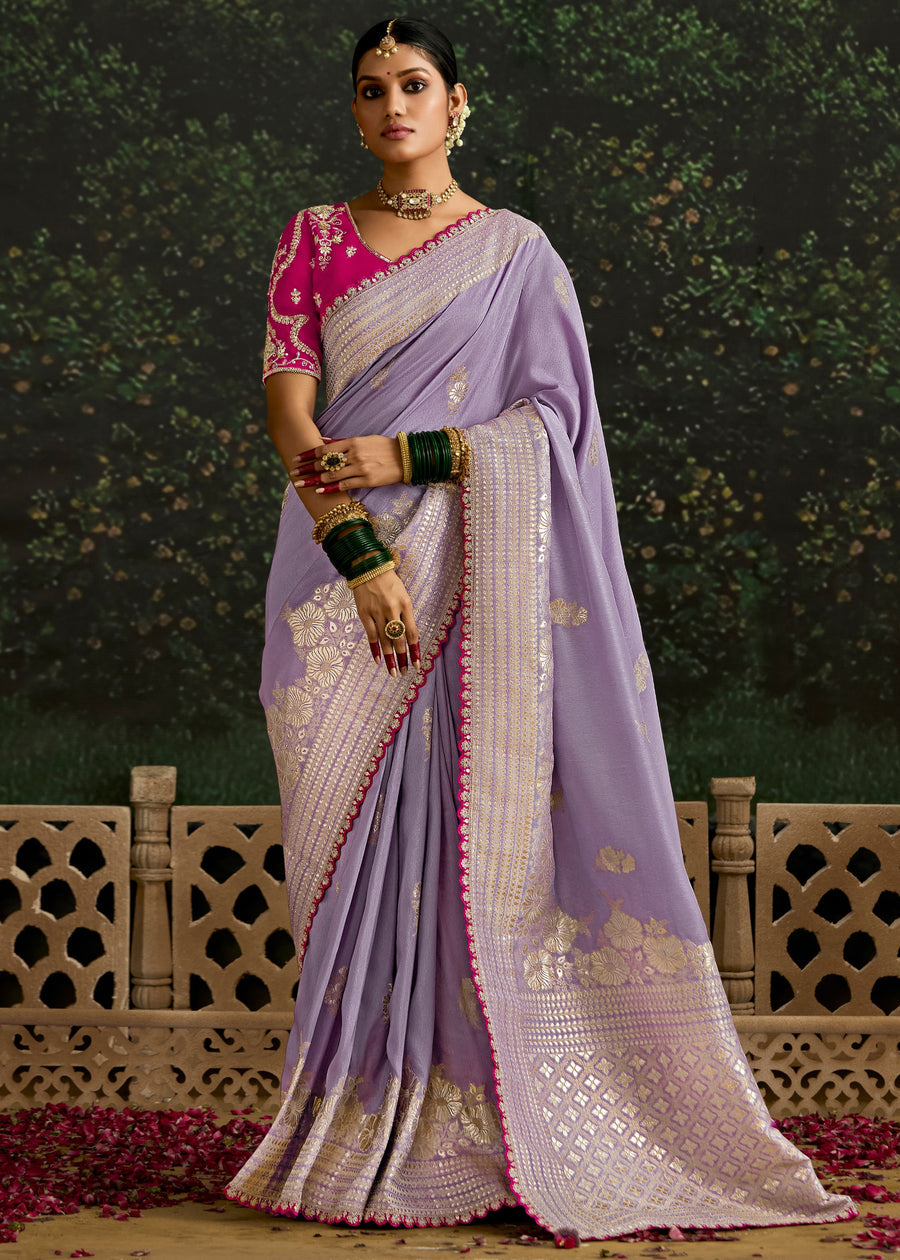 Lavender Purple Dola Banarasi Silk Saree & Rani Pink Embroidered Blouse