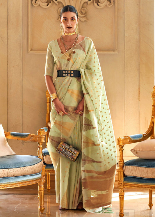 Kanjivaram Tissue Silk Light Green Handloom Weaving Saree