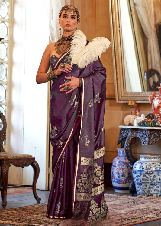 Pure Banarasi Satin Silk Chocolate Brown Handloom Saree