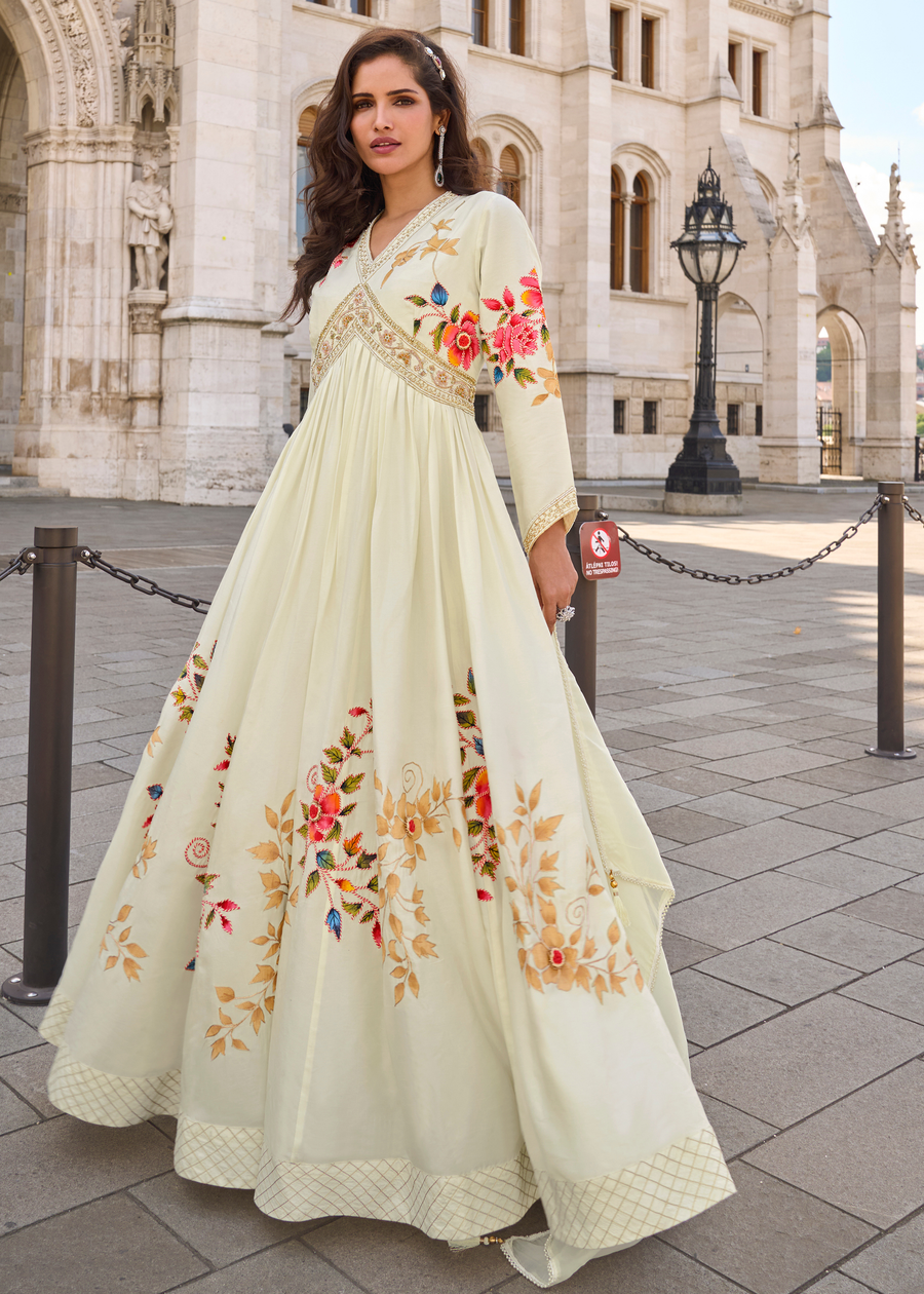 Off White Anarkali Style Chinon Silk Gown Suit With Dupatta