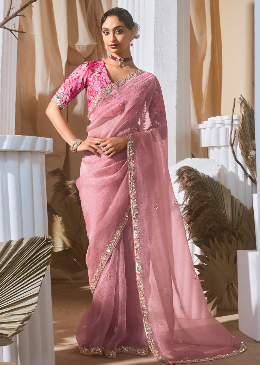 Pastel Pink Organza Tissue Silk Embroidered Saree & Printed Blouse