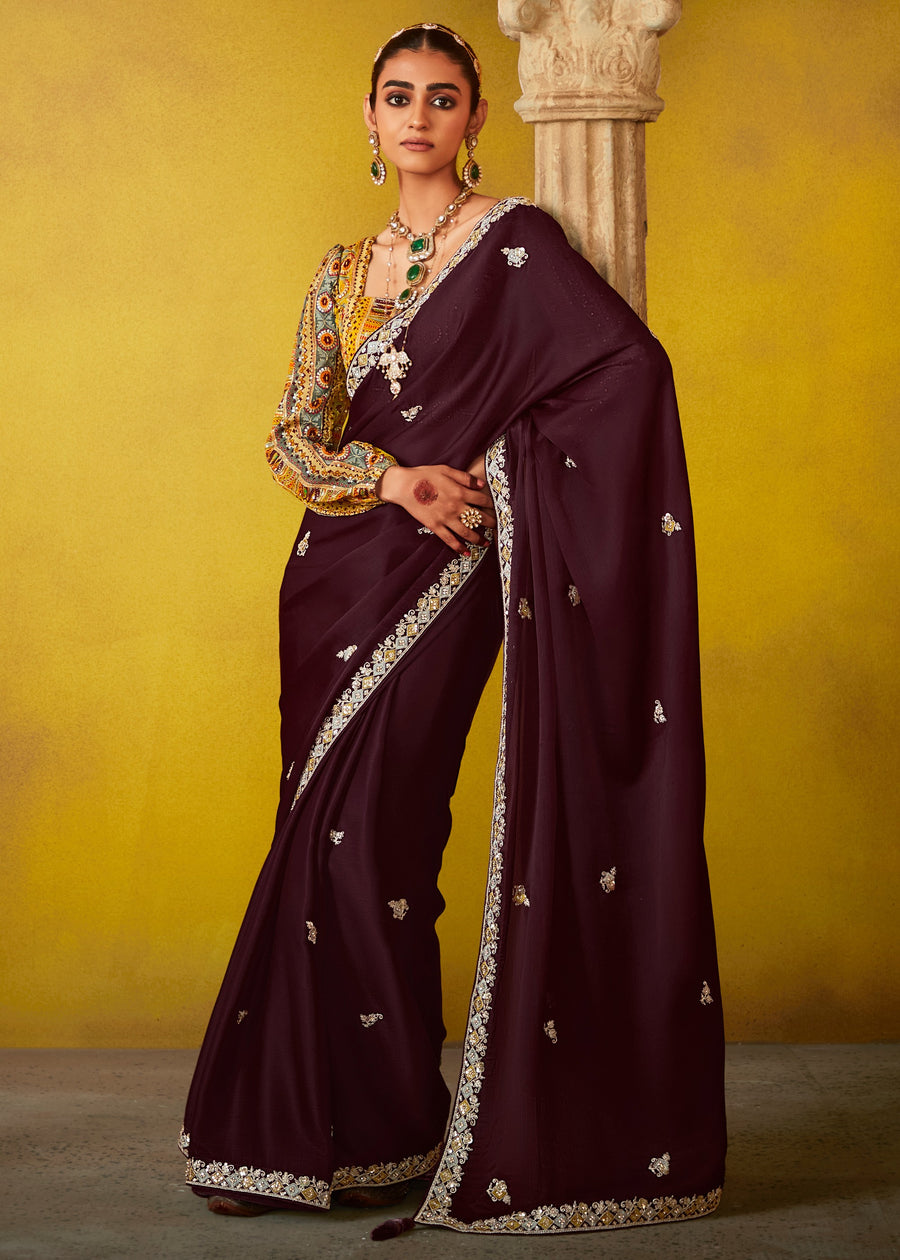 Deep Maroon Glass Tissue Silk Embroidered Saree & Yellow Printed Blouse