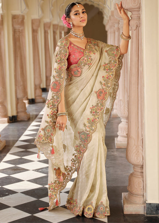 Ivory White Soft Banarasi Silk Embroidered Saree & Rose Pink Blouse