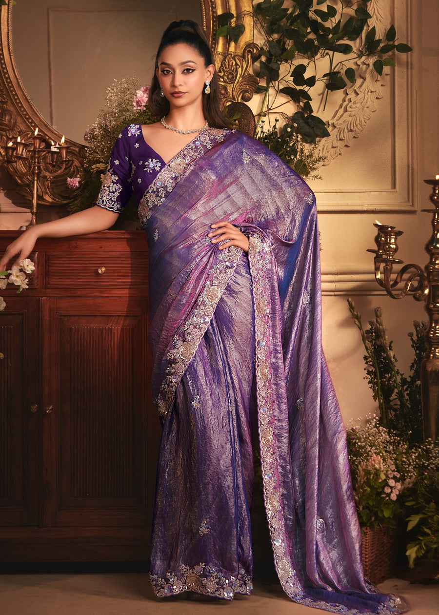 Purple Organza Tissue Silk Saree With Sequins Embroidery