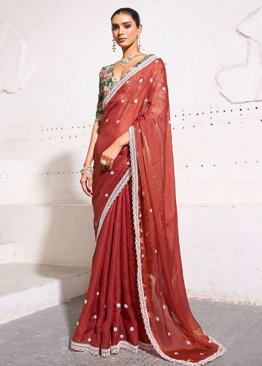 Crushed Tissue Rust Brown Embroidered Saree & Green Printed Blouse