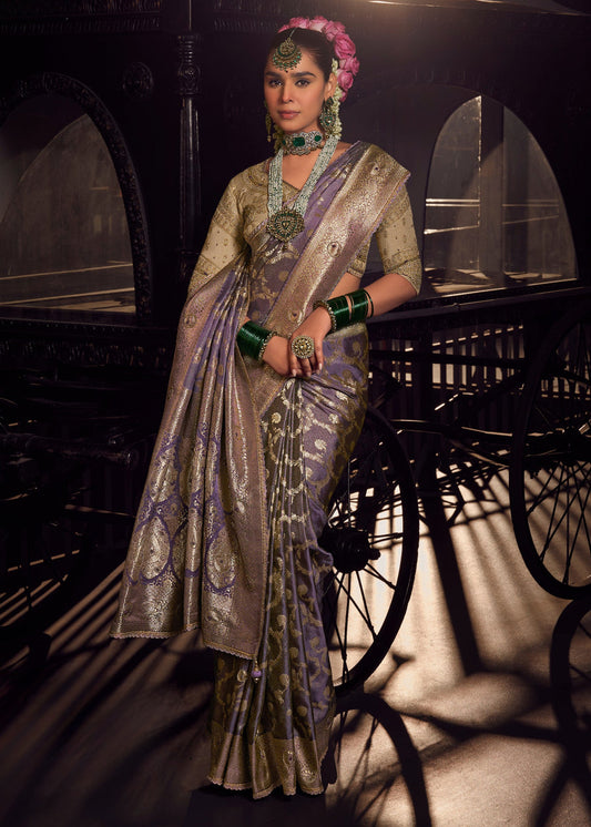 Banarasi Tissue Silk Purple Handloom Saree & Contrast Beige Embroidered Blouse