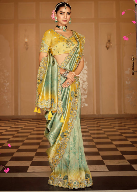Ocean Blue & Yellow Ombre Soft Banarasi Silk Embroidered Saree