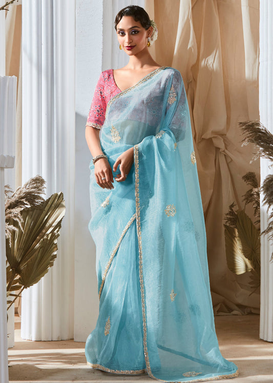 Pastel Blue Organza Tissue Silk Embroidered Saree & Pink Printed Blouse