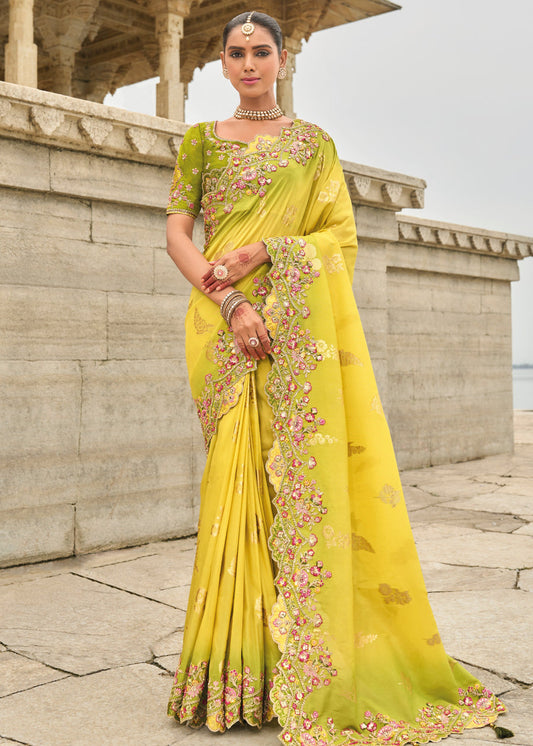 Banarasi Viscose Tissue Silk Yellow & Green Ombre Handloom Embroidered Saree With Cut Work Border