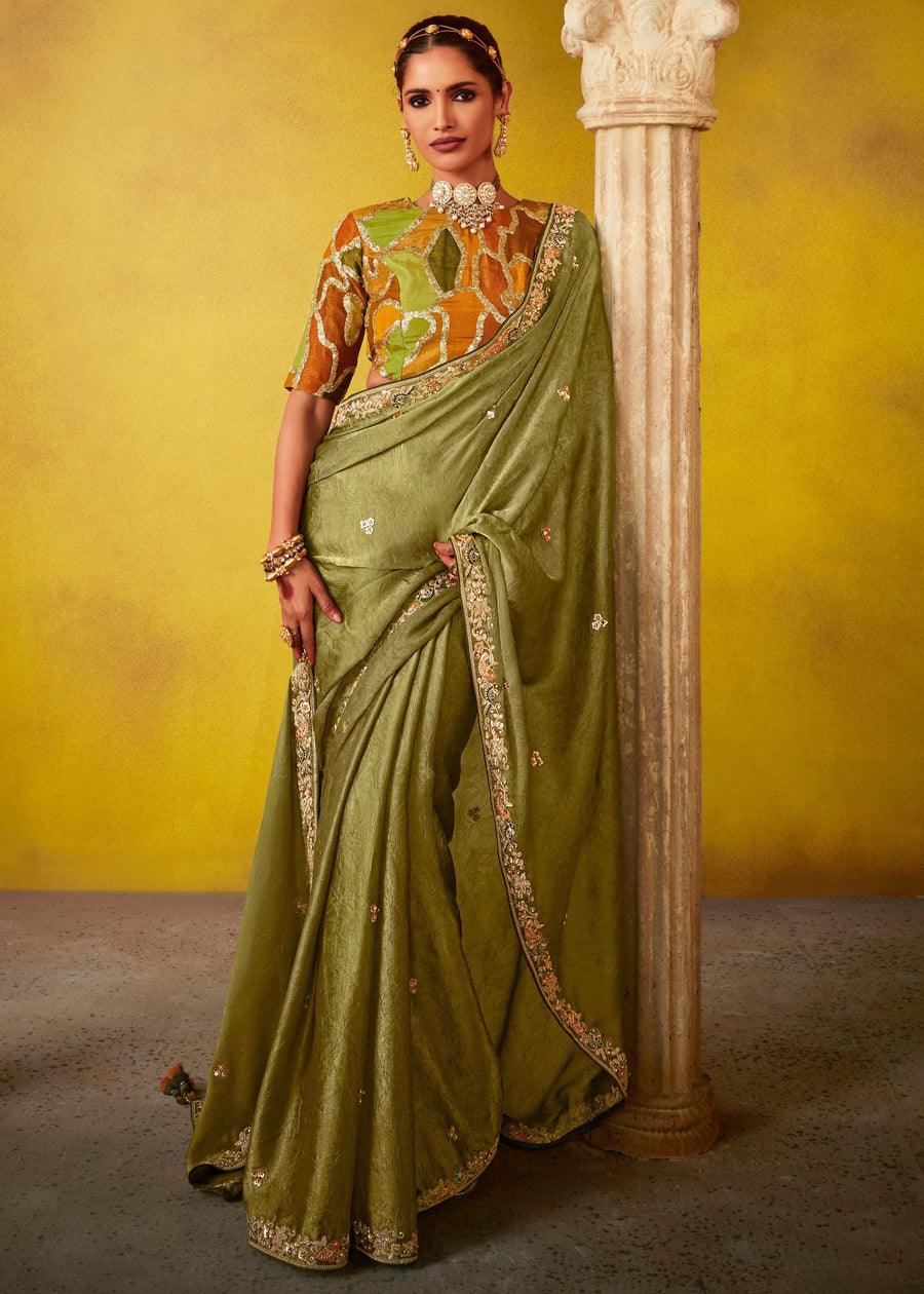 Moss Green Glass Tissue Silk Embroidered Saree & Printed Blouse