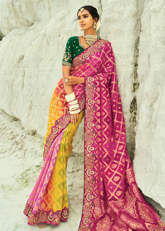 Yellow Pink Multicolor Ombre Khaddi Georgette Embroidered Bandhani Saree
