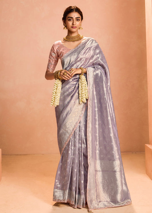 Pure Banarasi Tissue Silk Embroidered Lavender Purple Handloom Saree & Contrast Peach Blouse