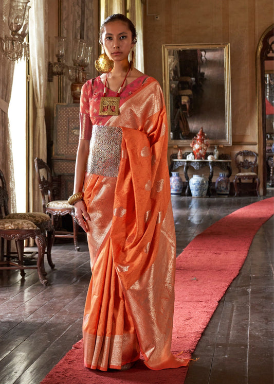 Soft Banarasi Silk Orange Handloom Weaving Saree