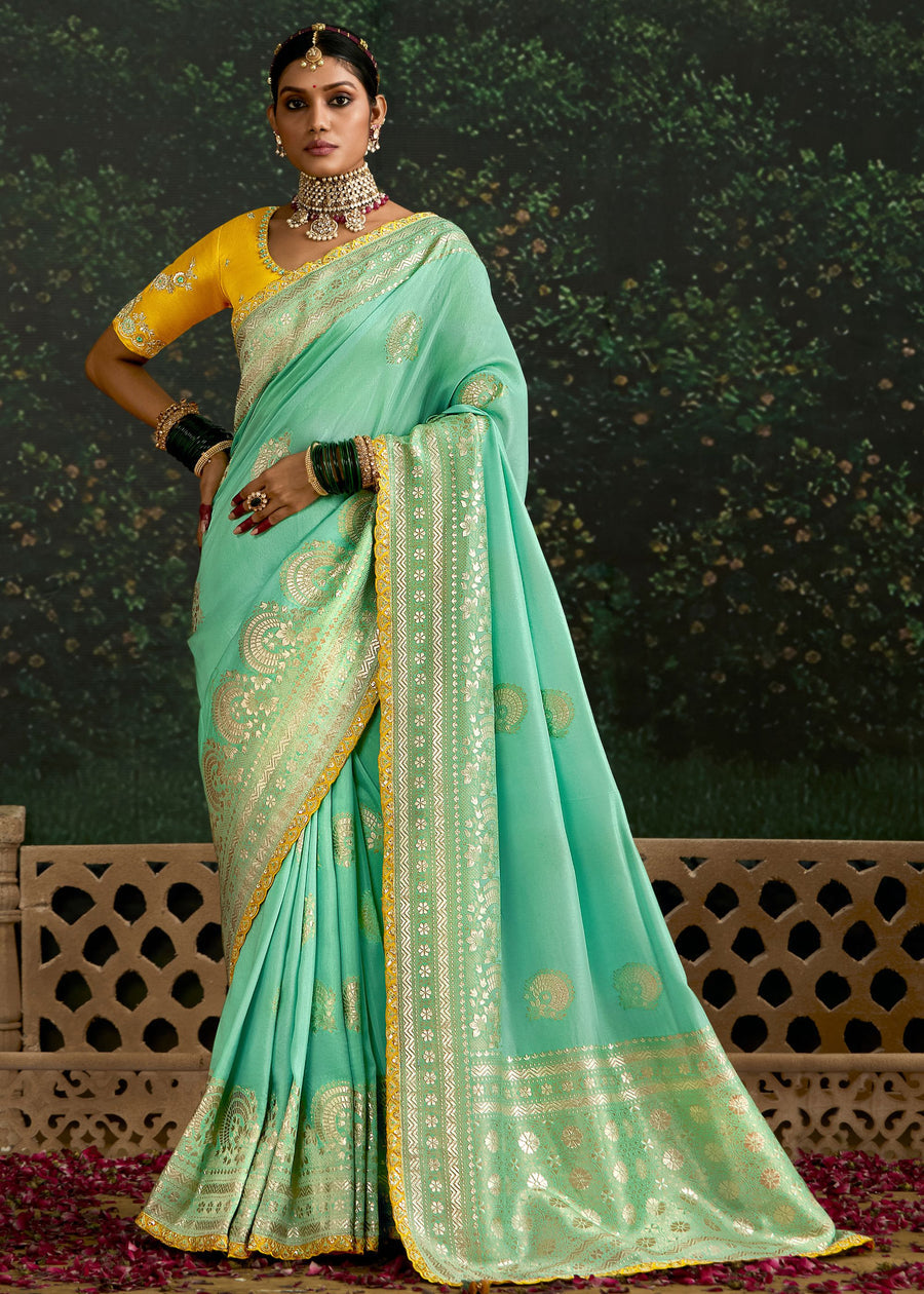 Sea Green Dola Banarasi Silk Saree & Yellow Embroidered Blouse