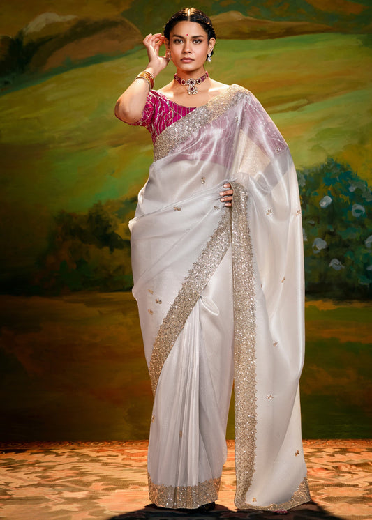 Organza Tissue White Sequins Embroidered Saree & Pinkish Red Blouse