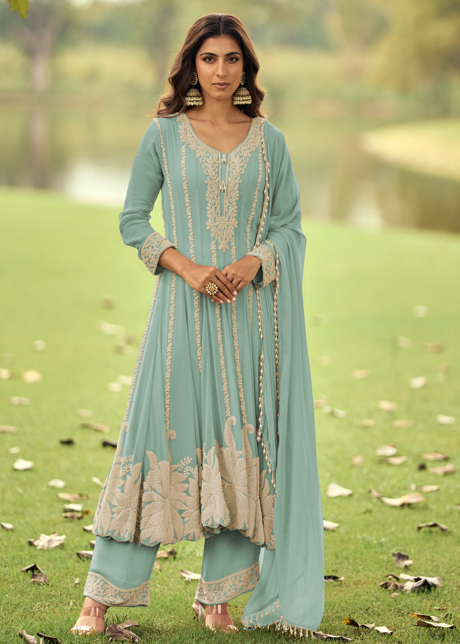 Pastel Blue Georgette Anarkali Suit Set With Beadwork